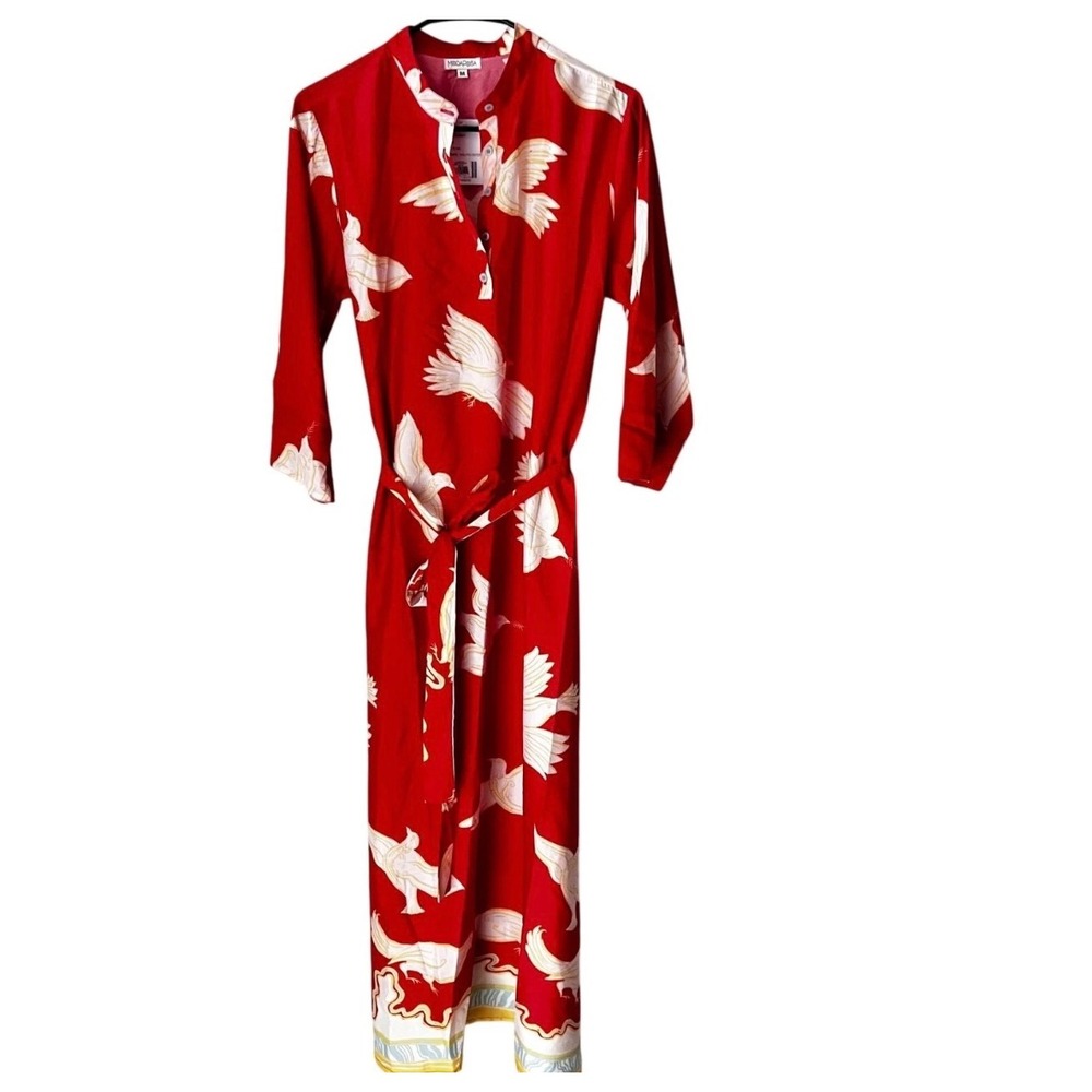Modaposa Red Dove Print Maxi Dress Long Sleeve Belted Side Slit Medium